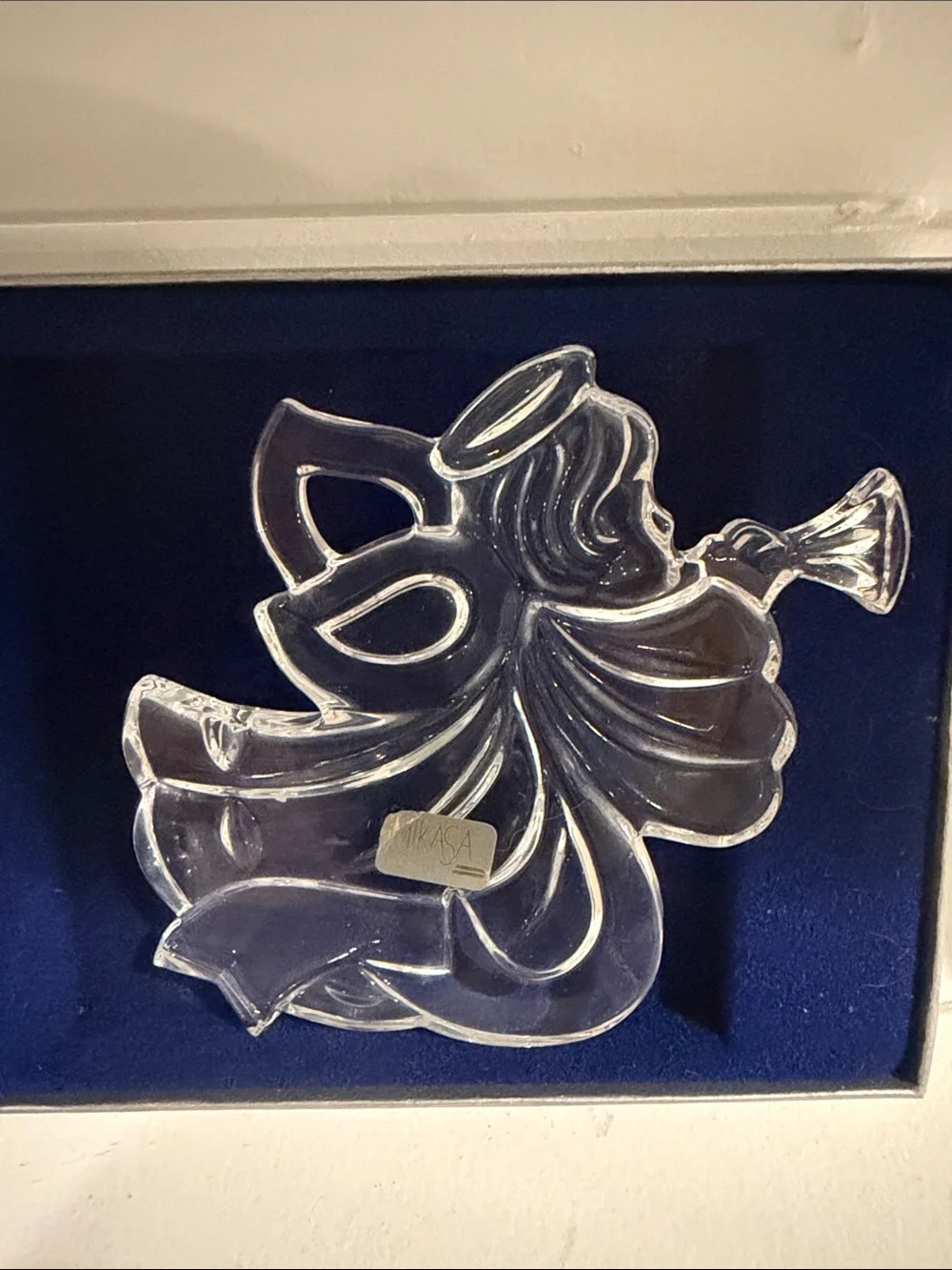 Mikasa Clear Glass Angel Ornament with Blue Velvet Box